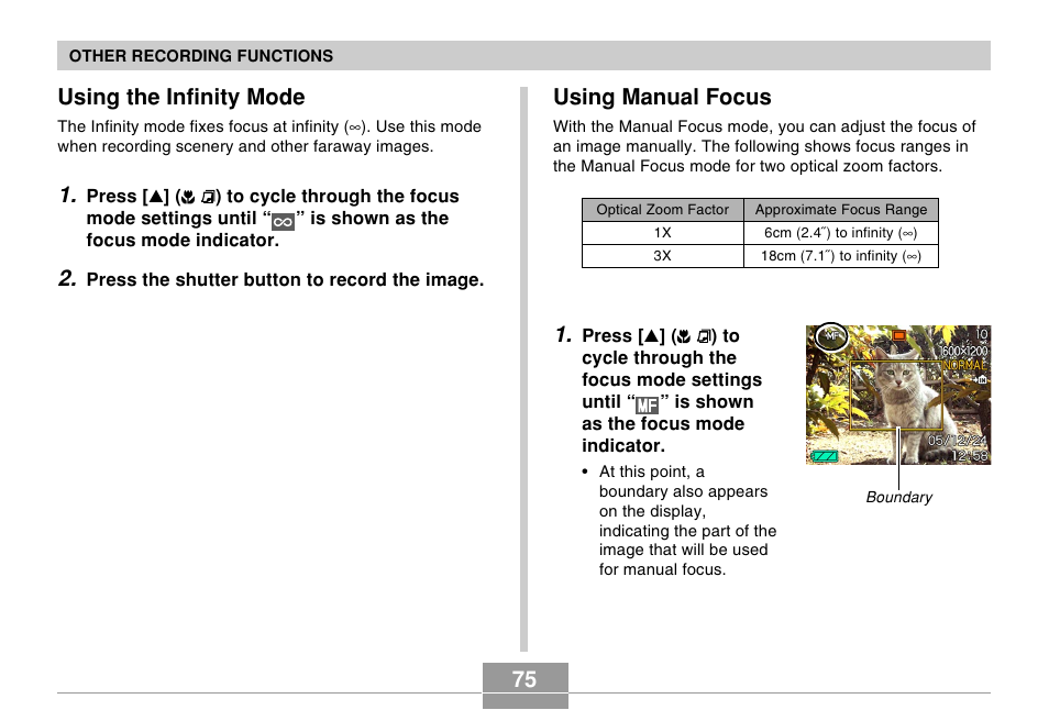 Using the infinity mode, Using manual focus | Casio EX-Z57 User Manual | Page 75 / 214