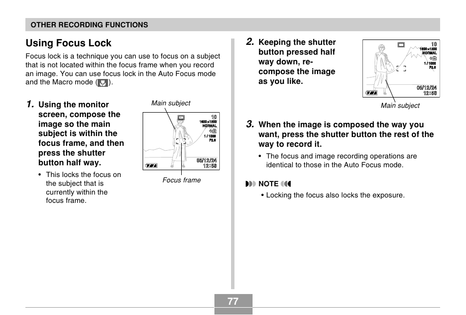 Using focus lock | Casio EX-Z57 User Manual | Page 77 / 214