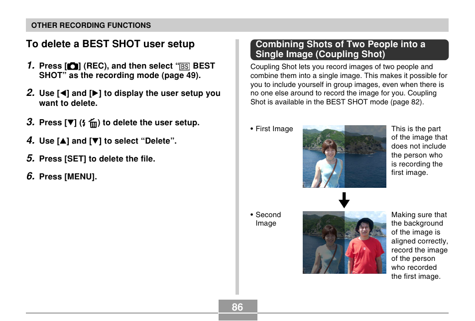 To delete a best shot user setup | Casio EX-Z57 User Manual | Page 86 / 214