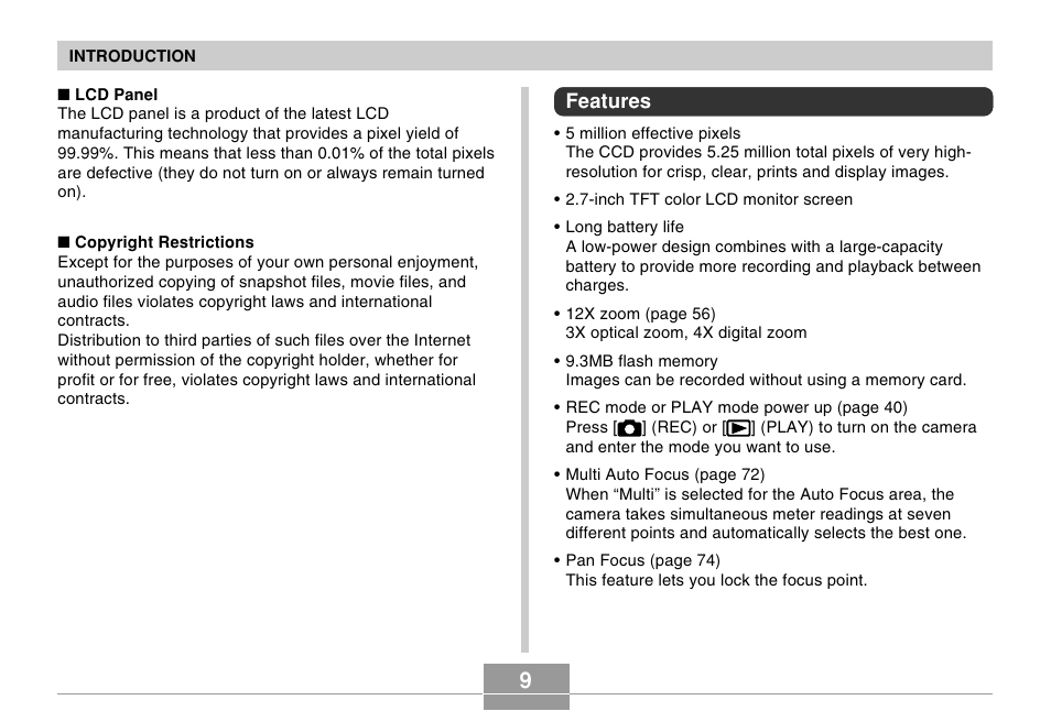 Features | Casio EX-Z57 User Manual | Page 9 / 214
