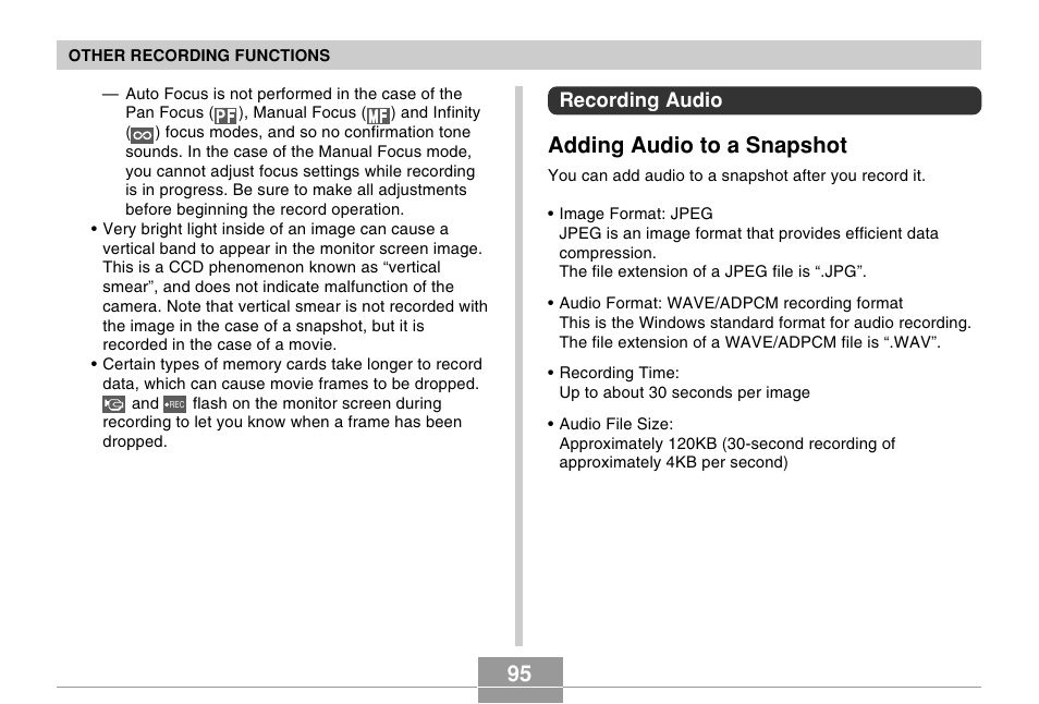Recording audio, Adding audio to a snapshot | Casio EX-Z57 User Manual | Page 95 / 214