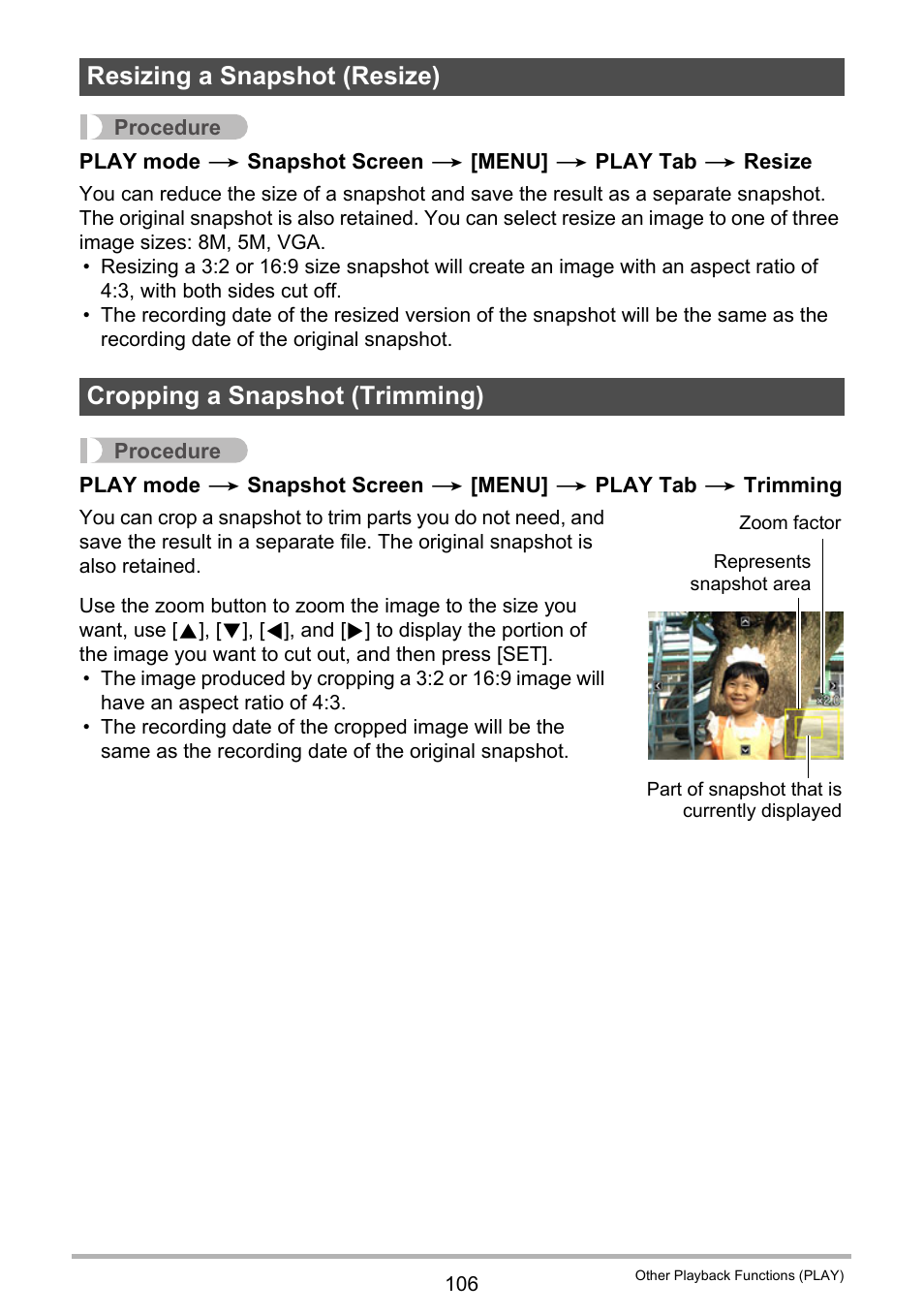 Resizing a snapshot (resize), Cropping a snapshot (trimming) | Casio EX-G1 User Manual | Page 106 / 193