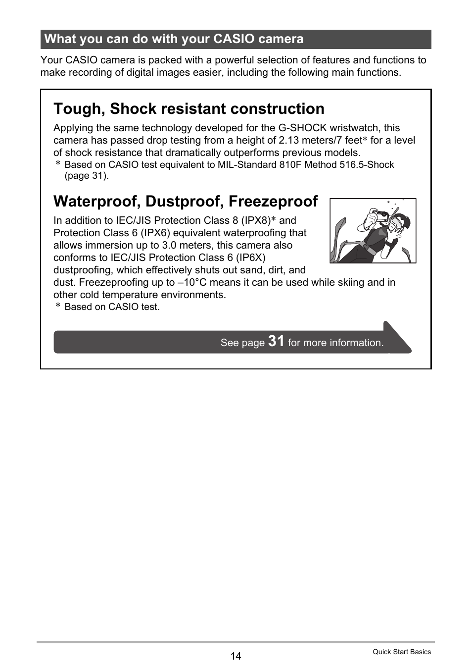 What you can do with your casio camera, Tough, shock resistant construction, Waterproof, dustproof, freezeproof | Casio EX-G1 User Manual | Page 14 / 193