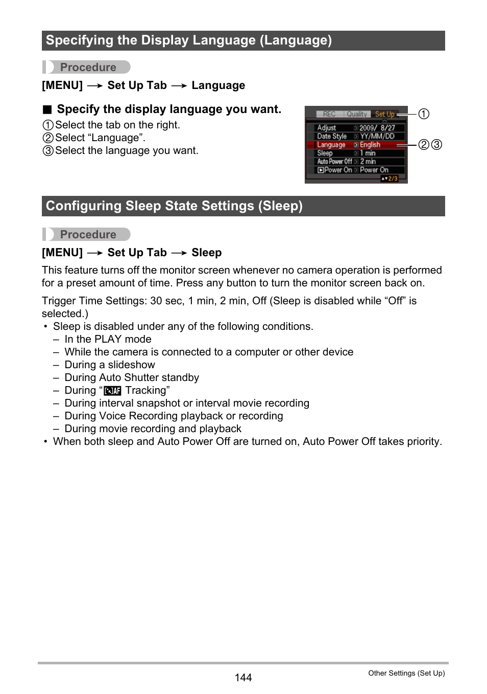 Specifying the display language (language), Configuring sleep state settings (sleep), Ge 144) | Casio EX-G1 User Manual | Page 144 / 193