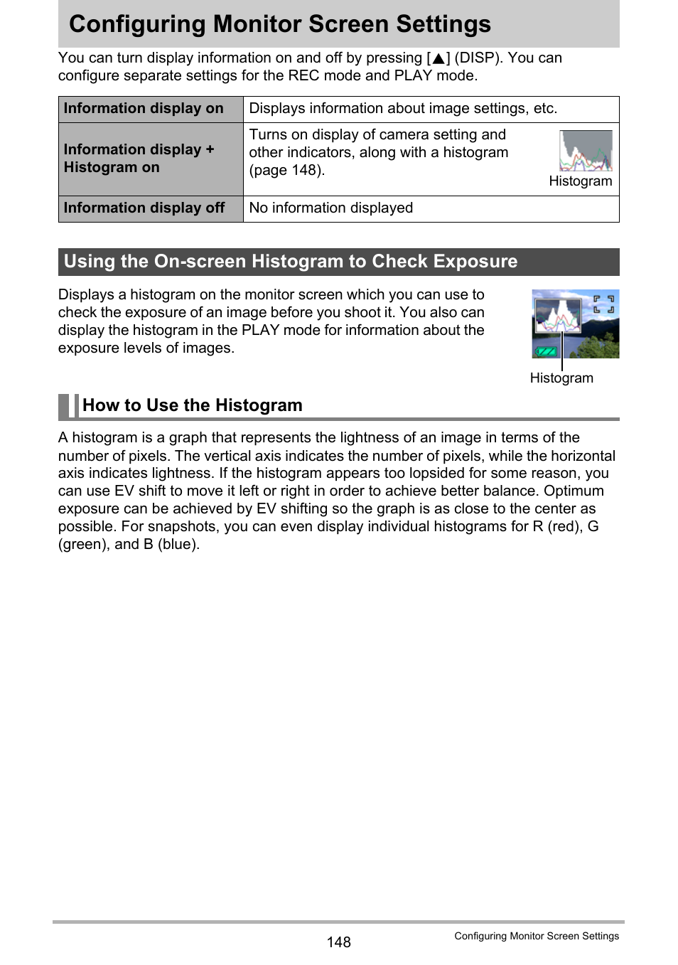 Configuring monitor screen settings, Using the on-screen histogram to check exposure, How to use the histogram | Casio EX-G1 User Manual | Page 148 / 193