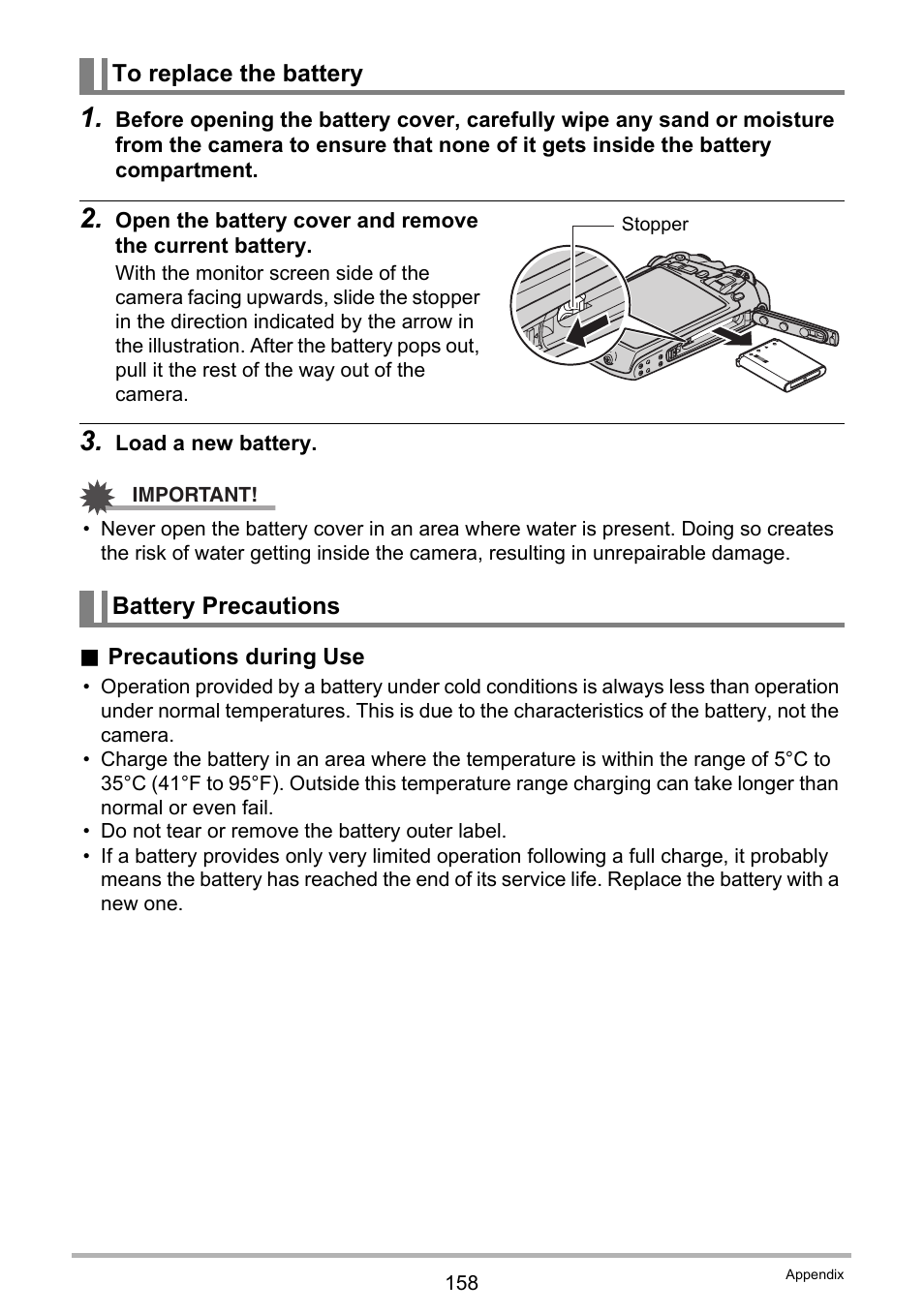 To replace the battery, Battery precautions | Casio EX-G1 User Manual | Page 158 / 193