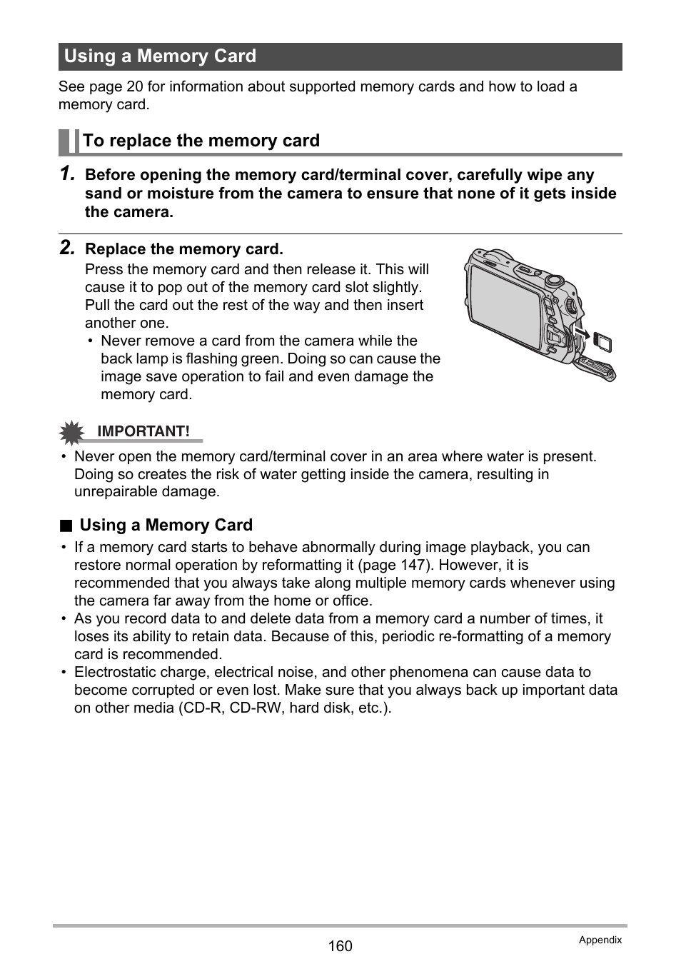 Using a memory card, To replace the memory card | Casio EX-G1 User Manual | Page 160 / 193