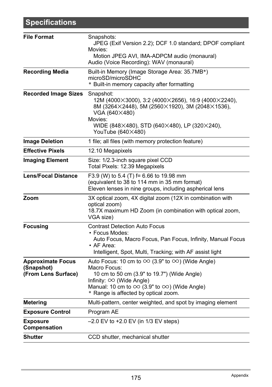 Specifications | Casio EX-G1 User Manual | Page 175 / 193