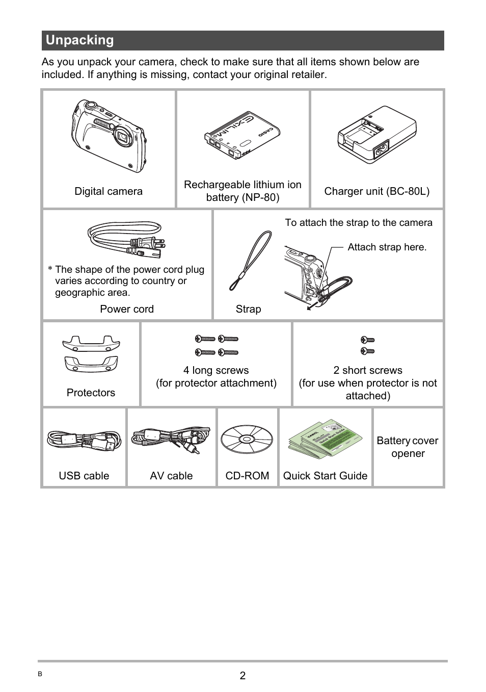 Unpacking | Casio EX-G1 User Manual | Page 2 / 193