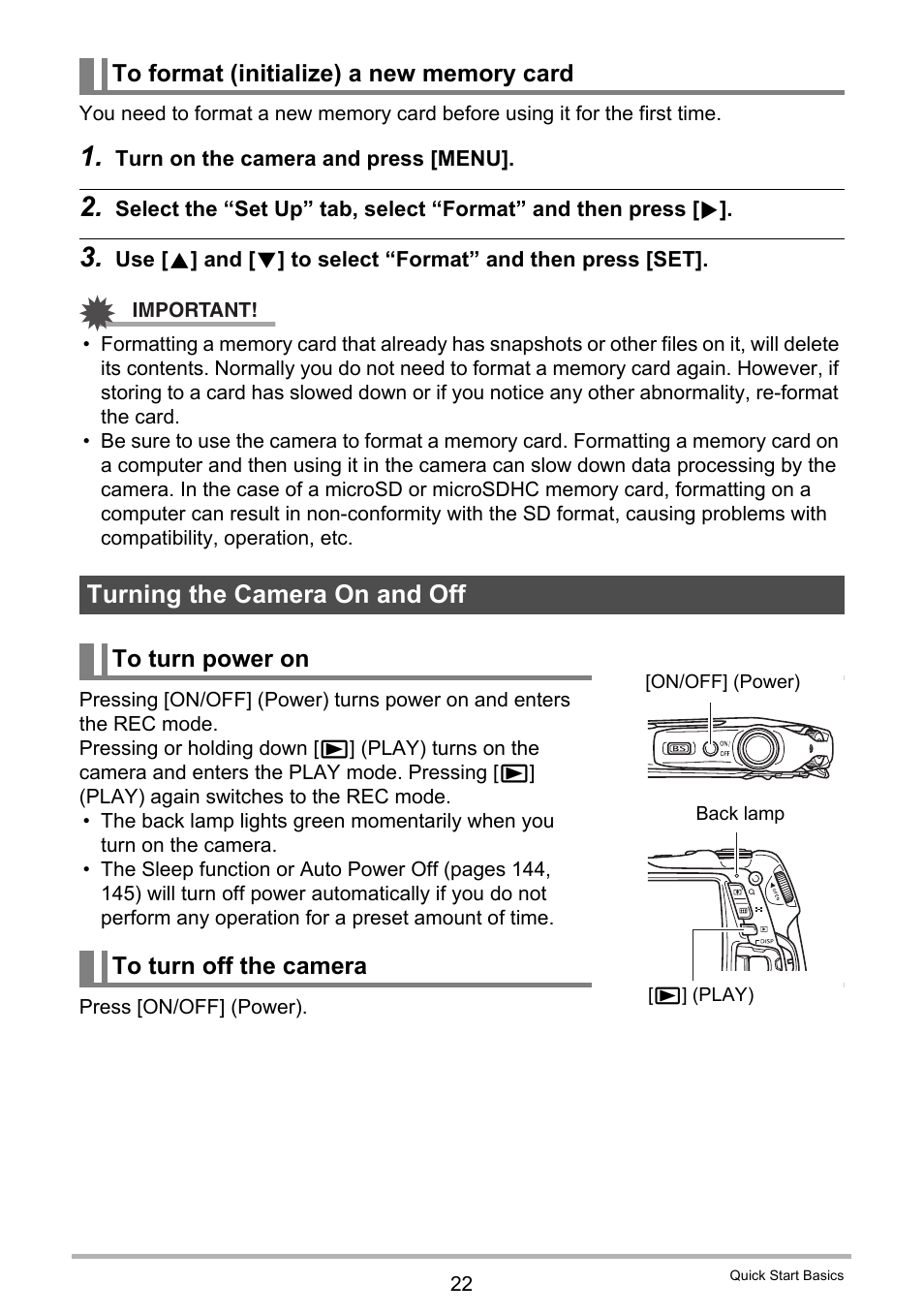 To format (initialize) a new memory card, Turning the camera on and off, To turn power on | To turn off the camera | Casio EX-G1 User Manual | Page 22 / 193