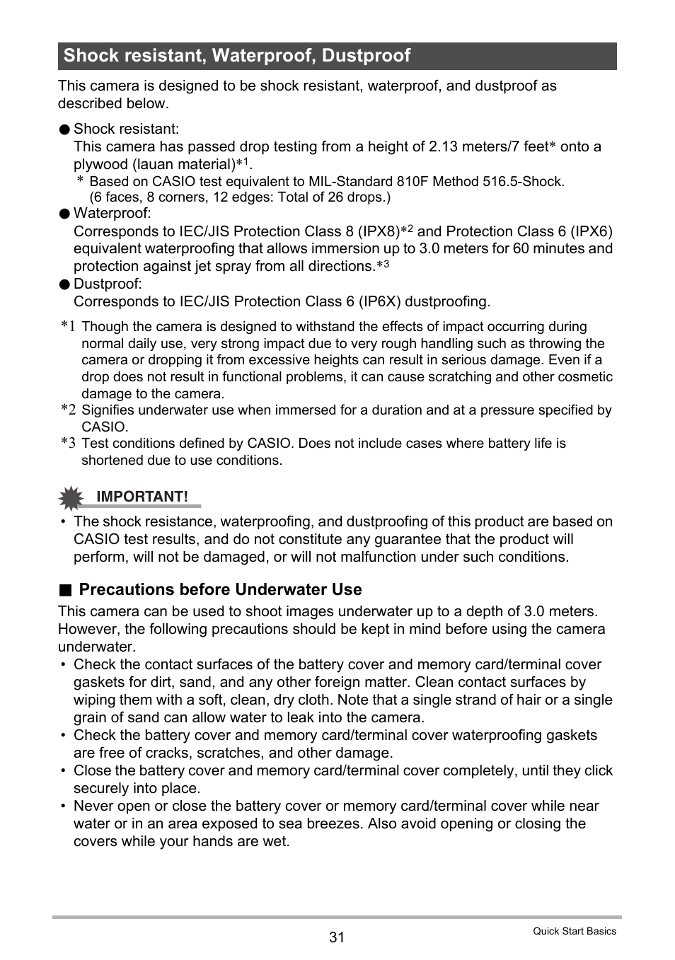 Shock resistant, waterproof, dustproof | Casio EX-G1 User Manual | Page 31 / 193