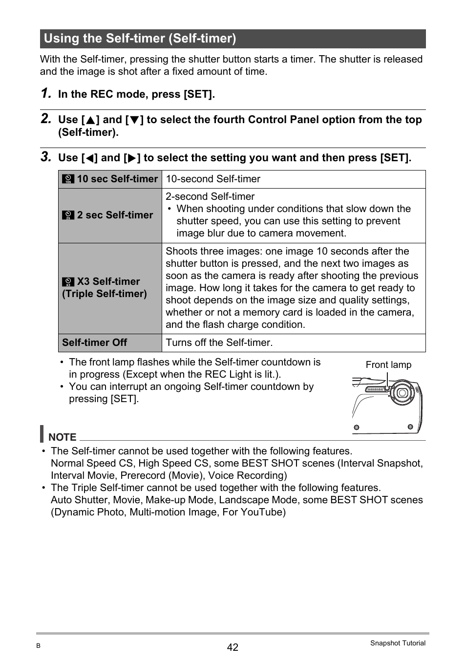 Using the self-timer (self-timer) | Casio EX-G1 User Manual | Page 42 / 193