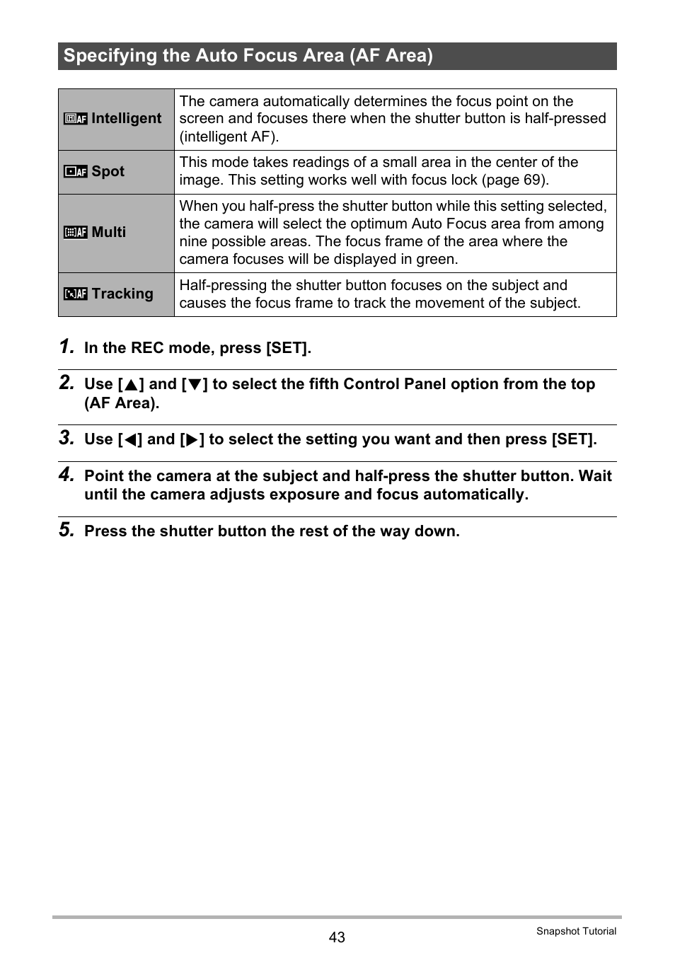 Specifying the auto focus area (af area) | Casio EX-G1 User Manual | Page 43 / 193