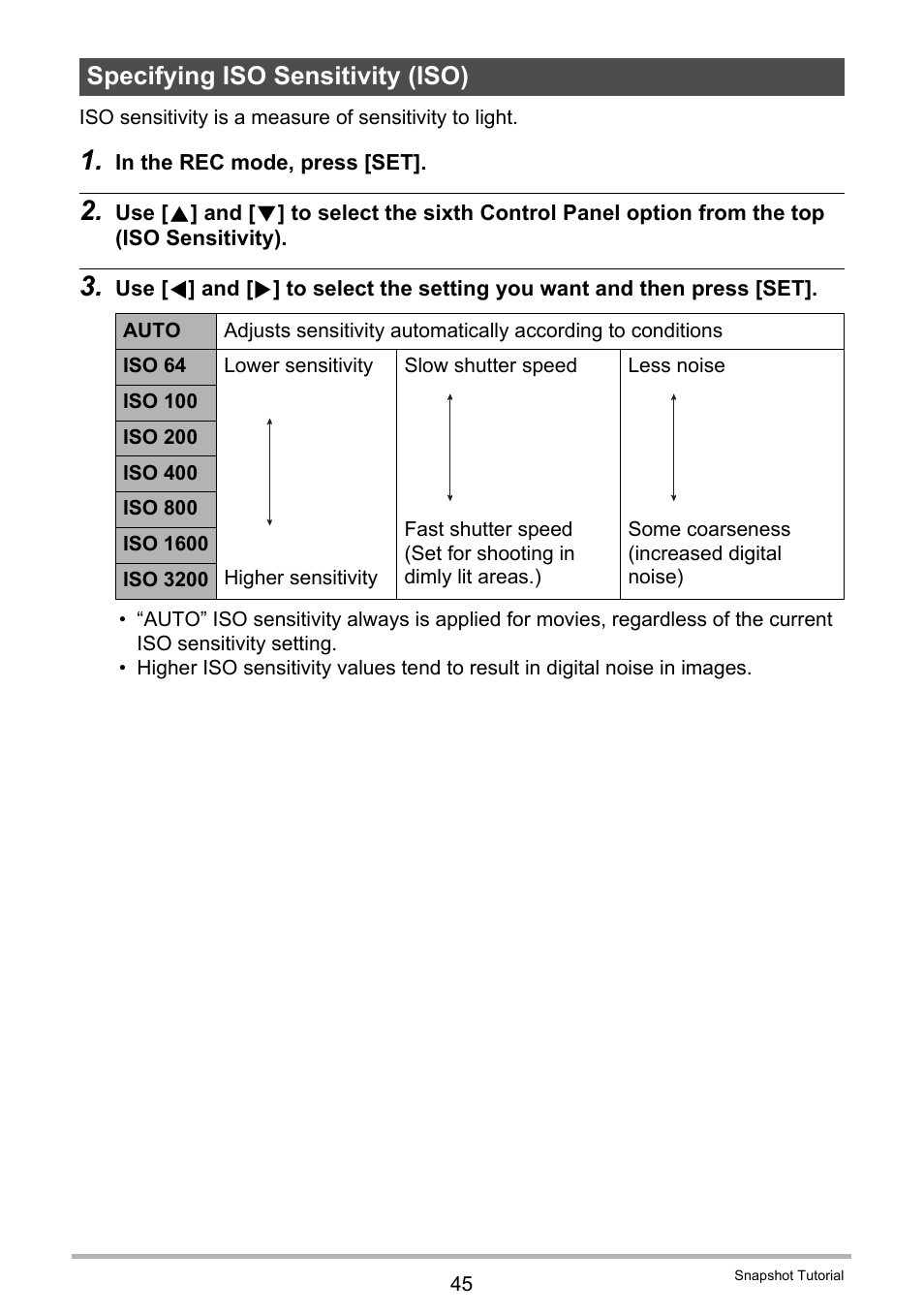 Specifying iso sensitivity (iso) | Casio EX-G1 User Manual | Page 45 / 193