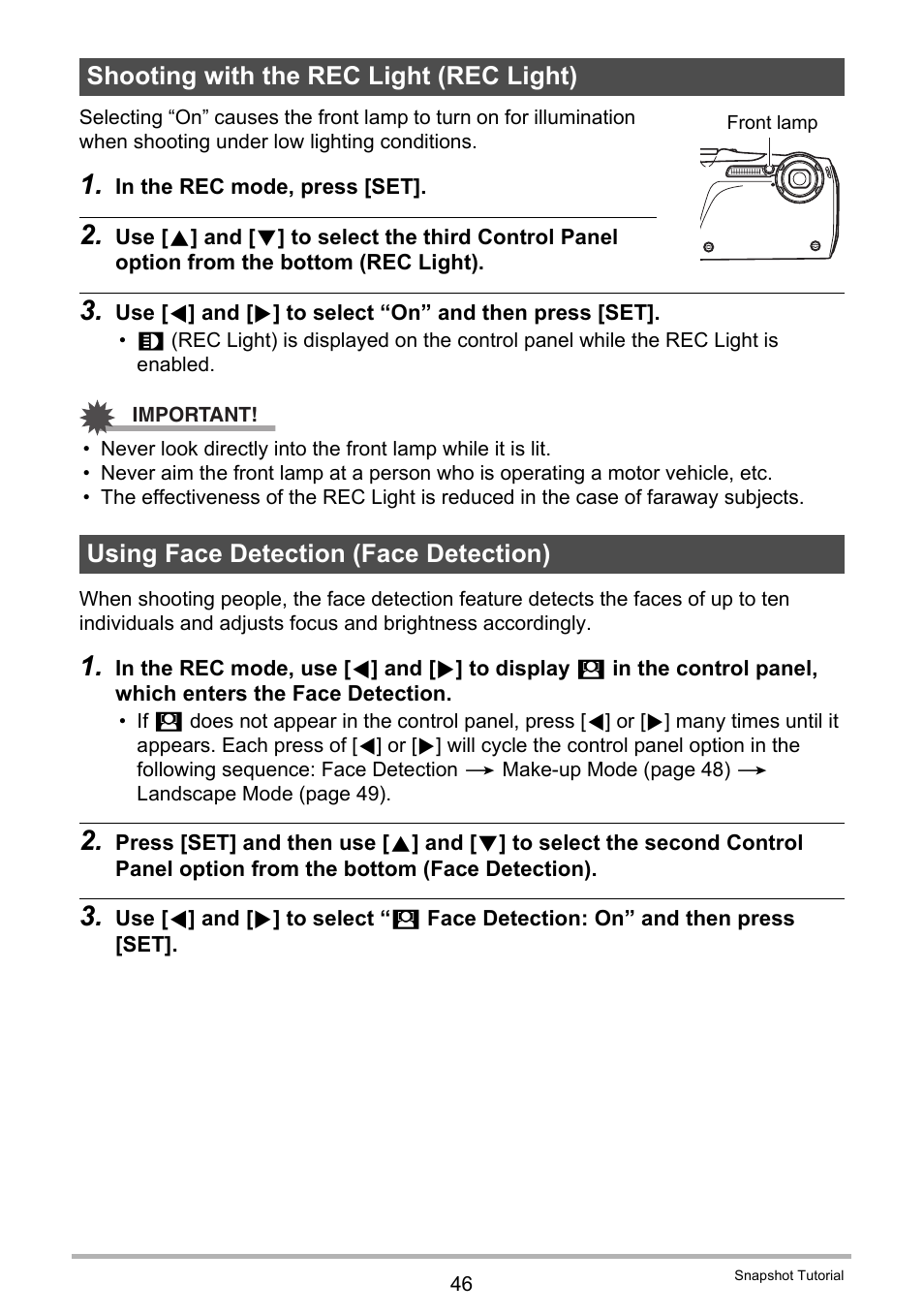 Shooting with the rec light (rec light), Using face detection (face detection) | Casio EX-G1 User Manual | Page 46 / 193