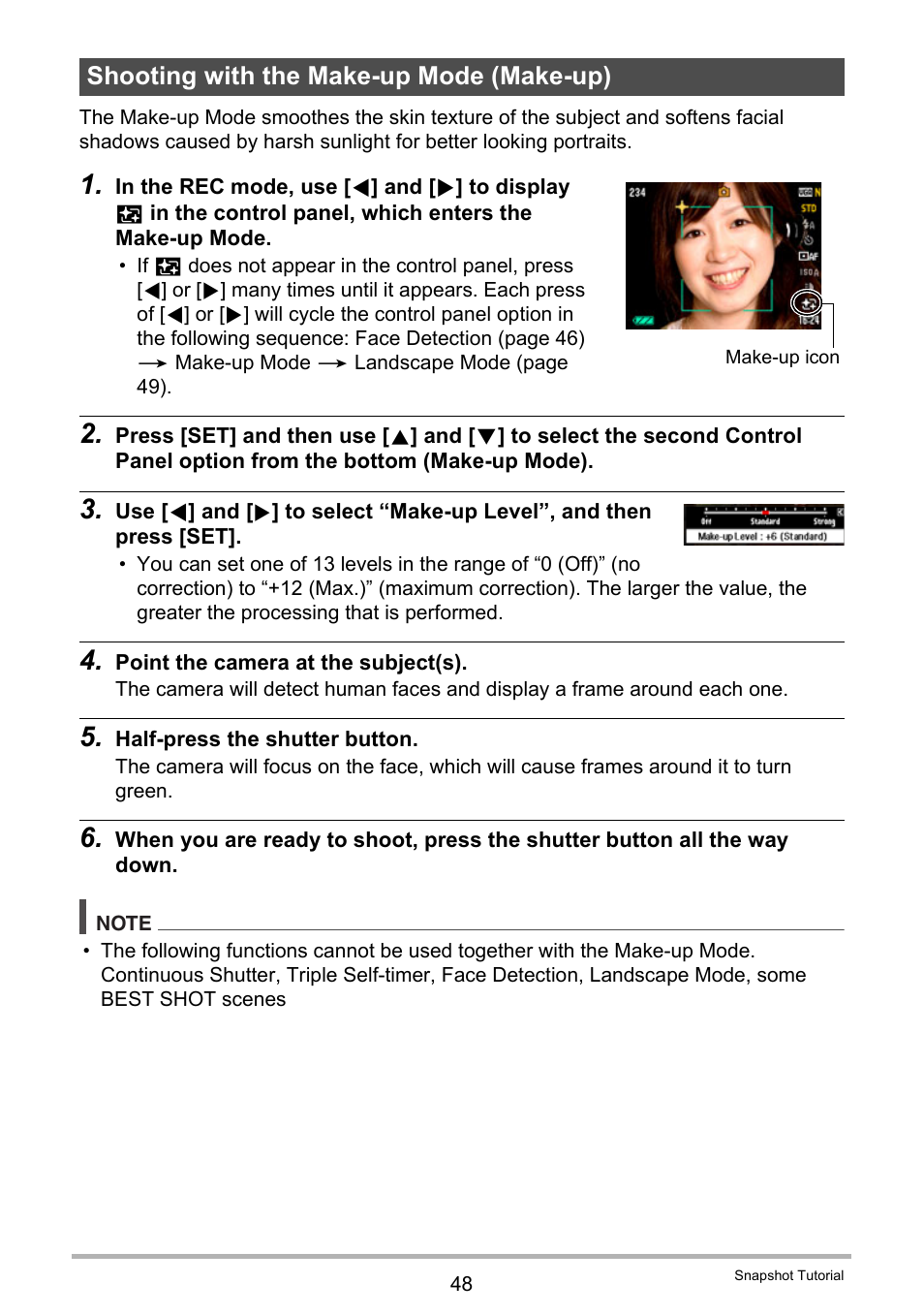 Shooting with the make-up mode (make-up) | Casio EX-G1 User Manual | Page 48 / 193