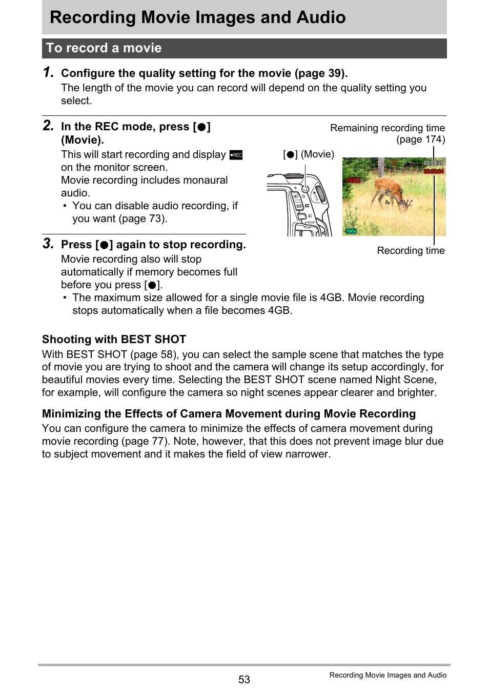 Recording movie images and audio, To record a movie | Casio EX-G1 User Manual | Page 53 / 193