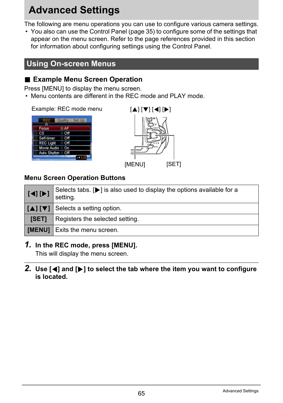 Advanced settings, Using on-screen menus | Casio EX-G1 User Manual | Page 65 / 193
