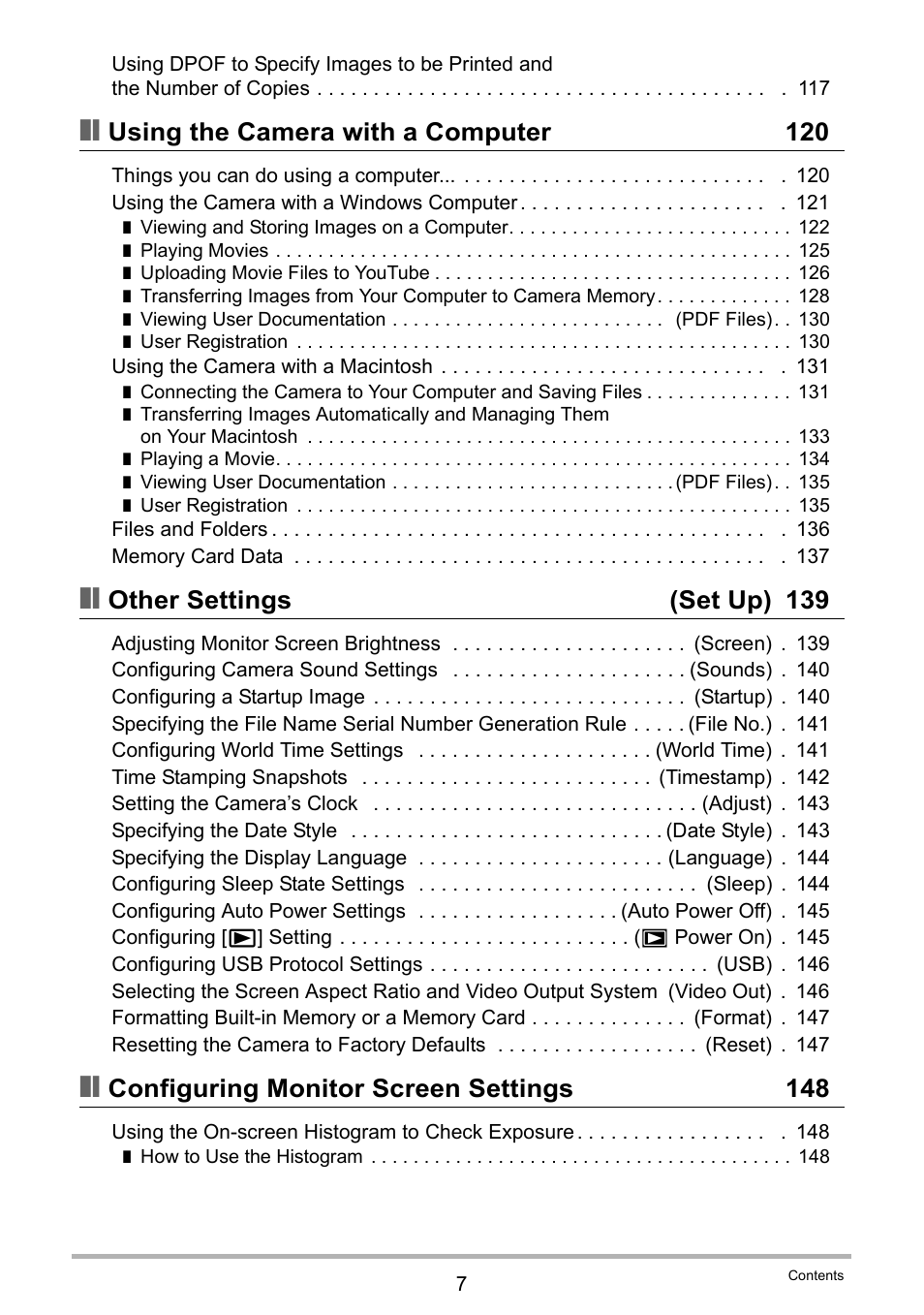 Using the camera with a computer 120, Other settings (set up) 139, Configuring monitor screen settings 148 | Casio EX-G1 User Manual | Page 7 / 193