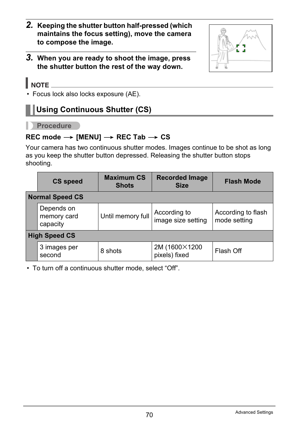 Using continuous shutter (cs) | Casio EX-G1 User Manual | Page 70 / 193