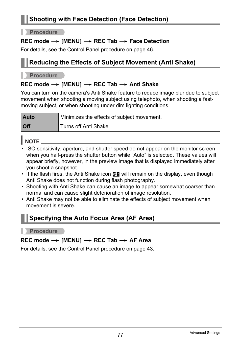 Shooting with face detection (face detection), Specifying the auto focus area (af area) | Casio EX-G1 User Manual | Page 77 / 193