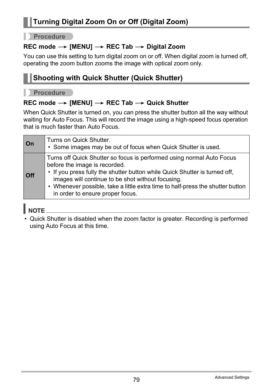 Turning digital zoom on or off (digital zoom), Shooting with quick shutter (quick shutter) | Casio EX-G1 User Manual | Page 79 / 193