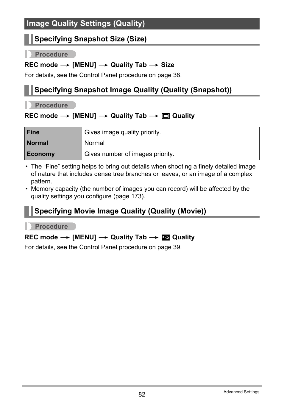 Image quality settings (quality), Specifying snapshot size (size), Specifying movie image quality (quality (movie)) | Casio EX-G1 User Manual | Page 82 / 193