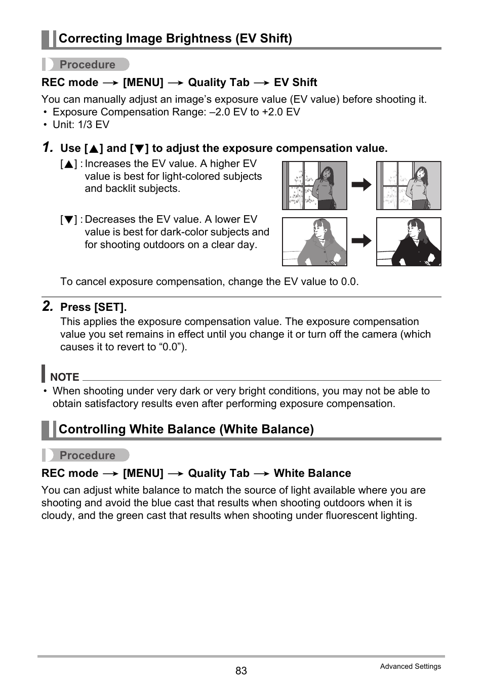 Correcting image brightness (ev shift), Controlling white balance (white balance) | Casio EX-G1 User Manual | Page 83 / 193