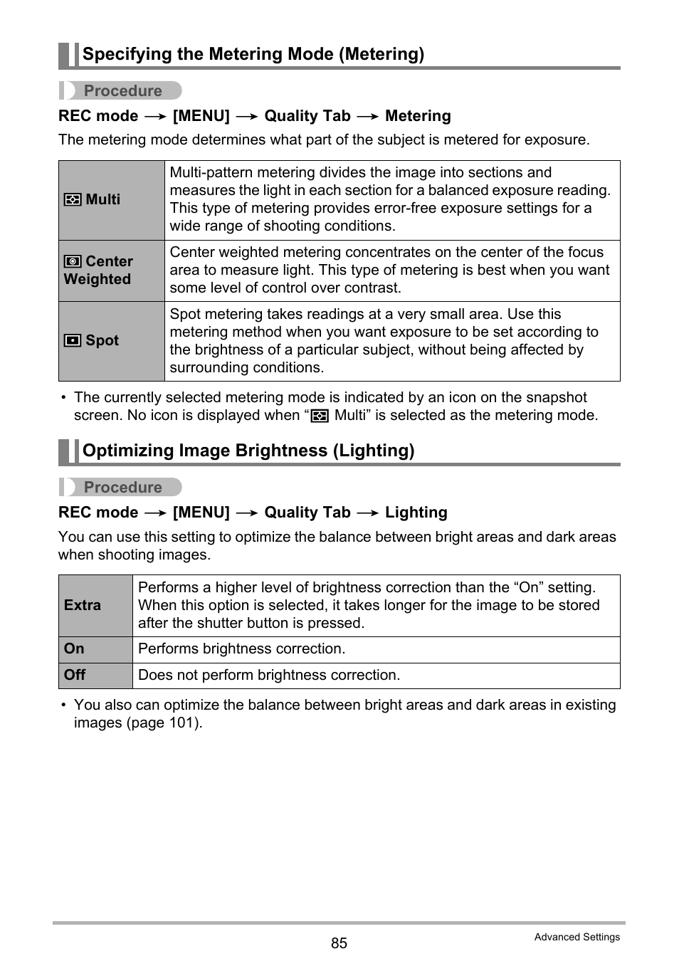 Specifying the metering mode (metering), Optimizing image brightness (lighting) | Casio EX-G1 User Manual | Page 85 / 193