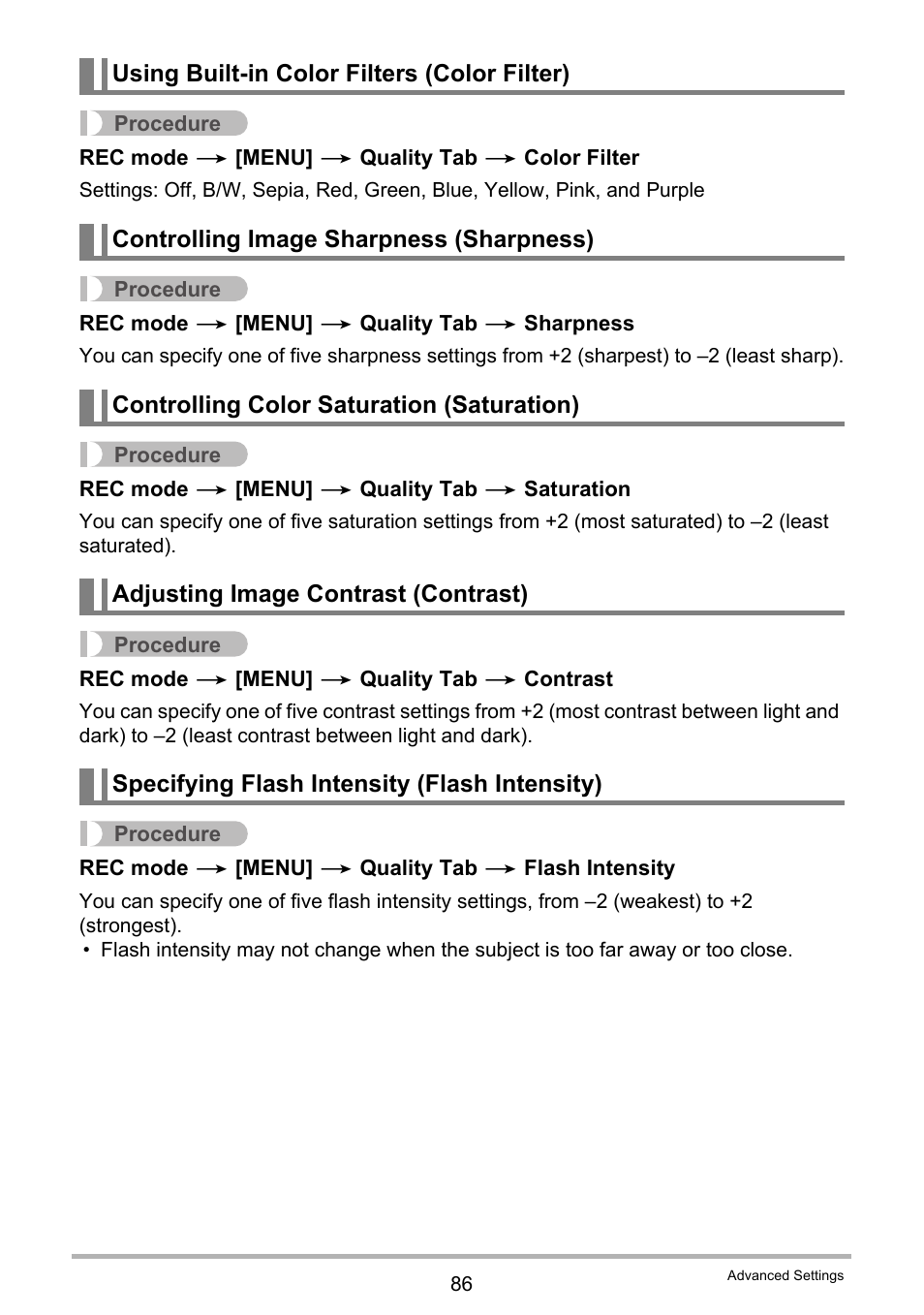 Using built-in color filters (color filter), Controlling image sharpness (sharpness), Controlling color saturation (saturation) | Adjusting image contrast (contrast), Specifying flash intensity (flash intensity) | Casio EX-G1 User Manual | Page 86 / 193