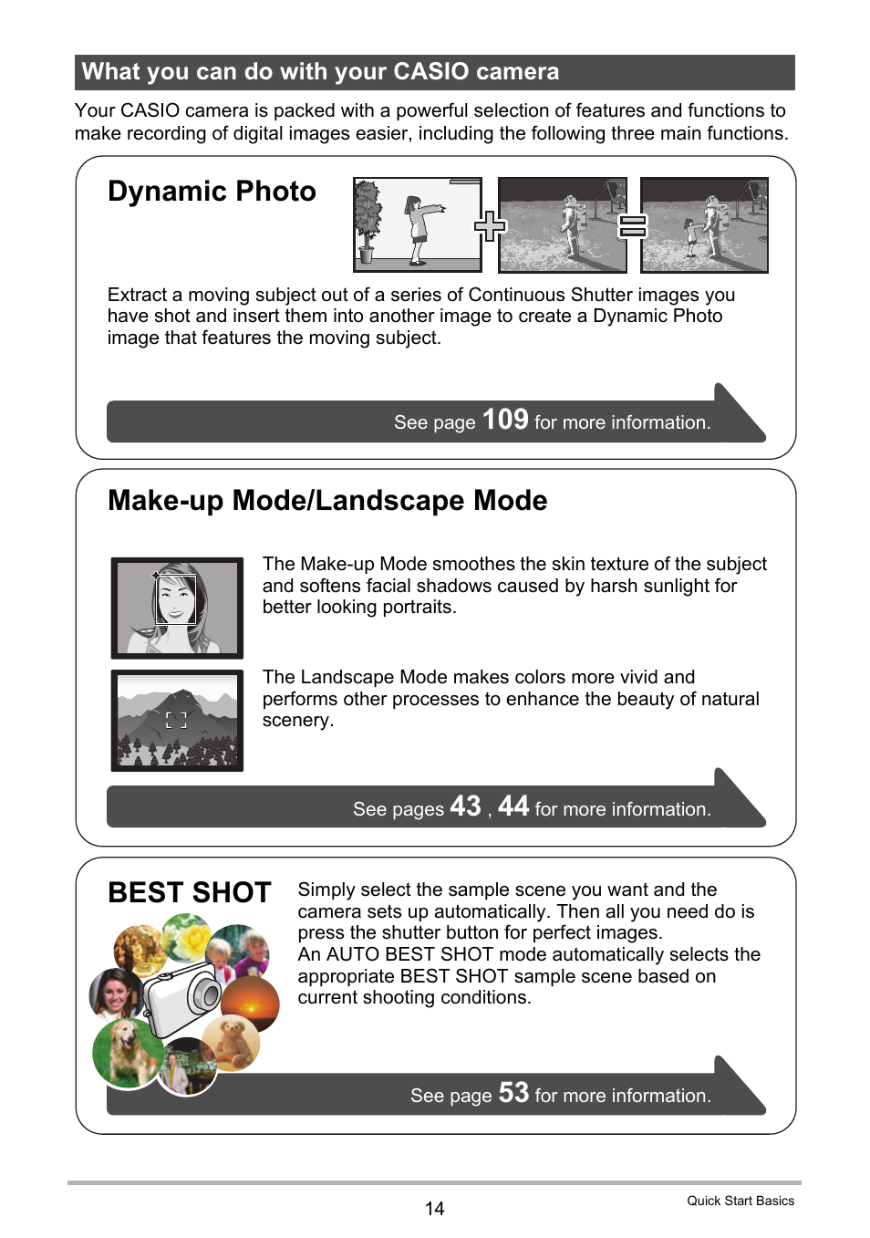 What you can do with your casio camera, Dynamic photo, Make-up mode/landscape mode best shot | Casio EXILIM EX-Z25 User Manual | Page 14 / 193