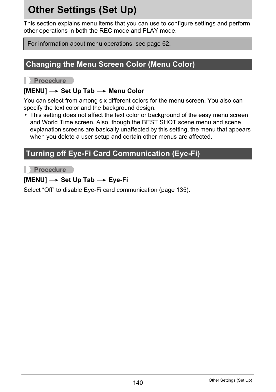 Other settings (set up), Changing the menu screen color (menu color), Turning off eye-fi card communication (eye-fi) | Other settings, Set up) 140 | Casio EXILIM EX-Z25 User Manual | Page 140 / 193