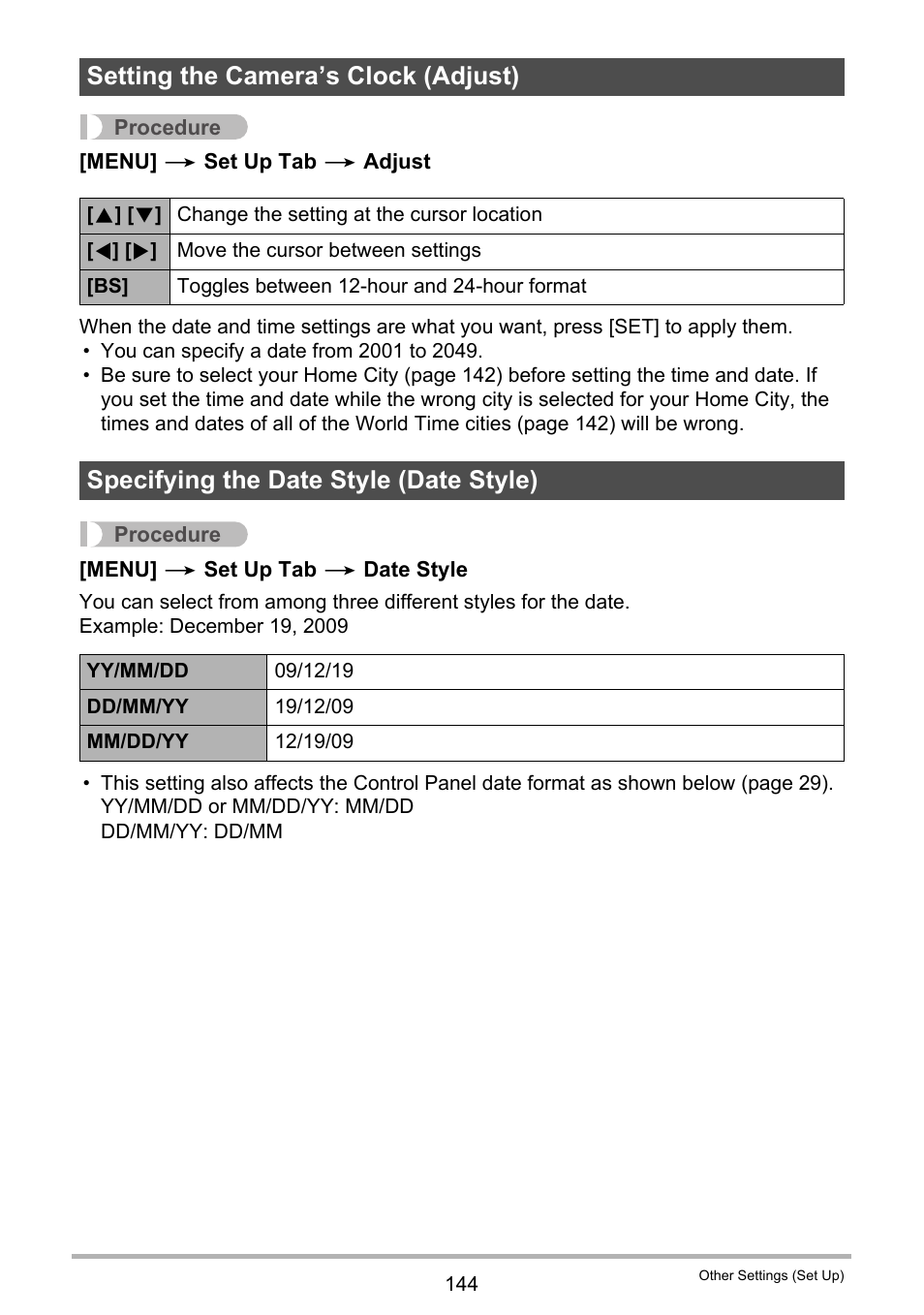 Setting the camera’s clock (adjust), Specifying the date style (date style) | Casio EXILIM EX-Z25 User Manual | Page 144 / 193