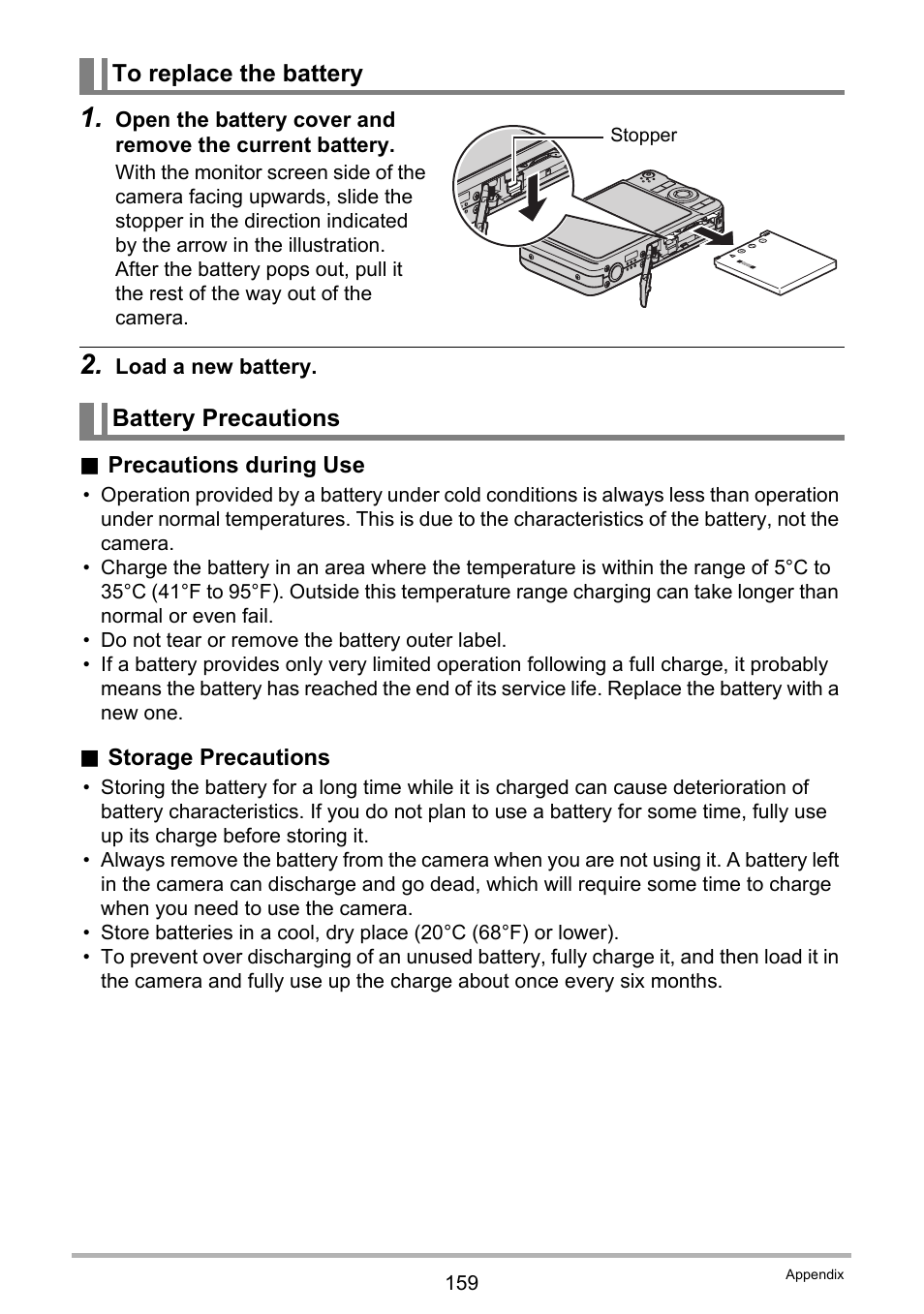 To replace the battery, Battery precautions, E 159 | Casio EXILIM EX-Z25 User Manual | Page 159 / 193