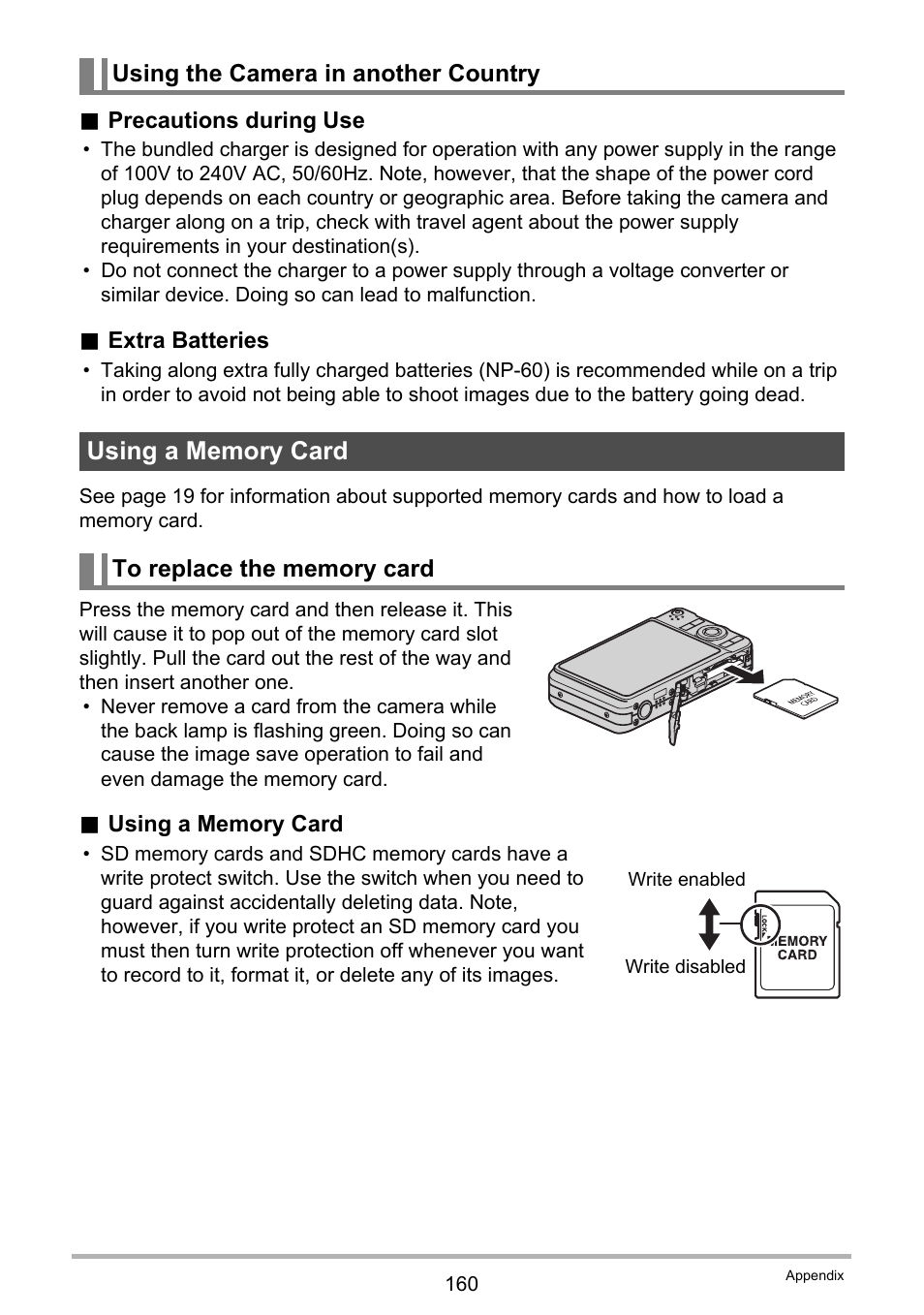 Using the camera in another country, Using a memory card, To replace the memory card | Casio EXILIM EX-Z25 User Manual | Page 160 / 193