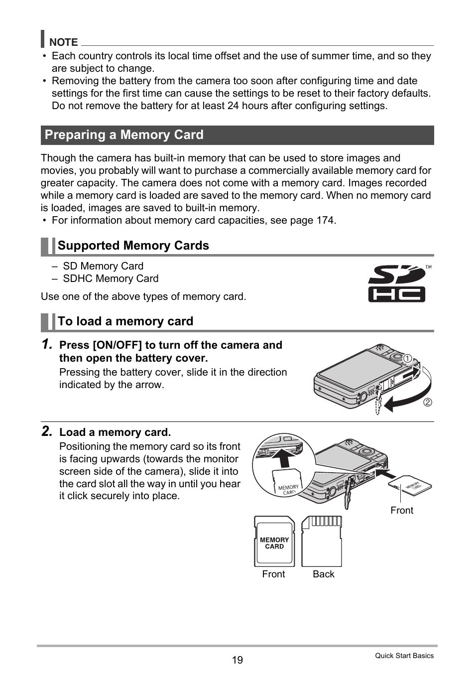 Preparing a memory card, Supported memory cards, To load a memory card | Casio EXILIM EX-Z25 User Manual | Page 19 / 193