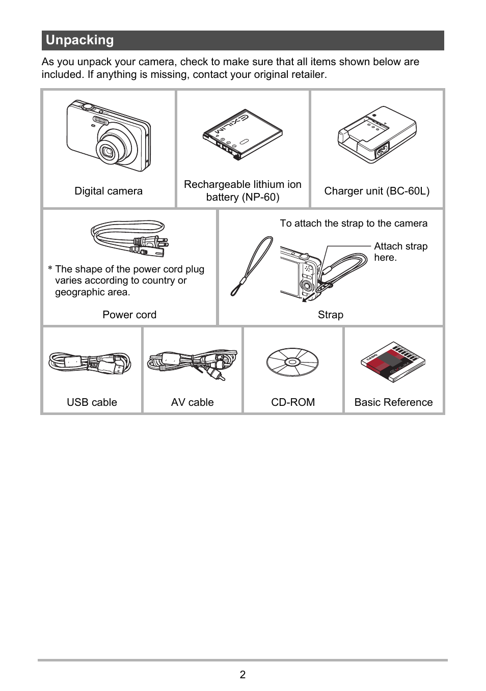 Unpacking | Casio EXILIM EX-Z25 User Manual | Page 2 / 193
