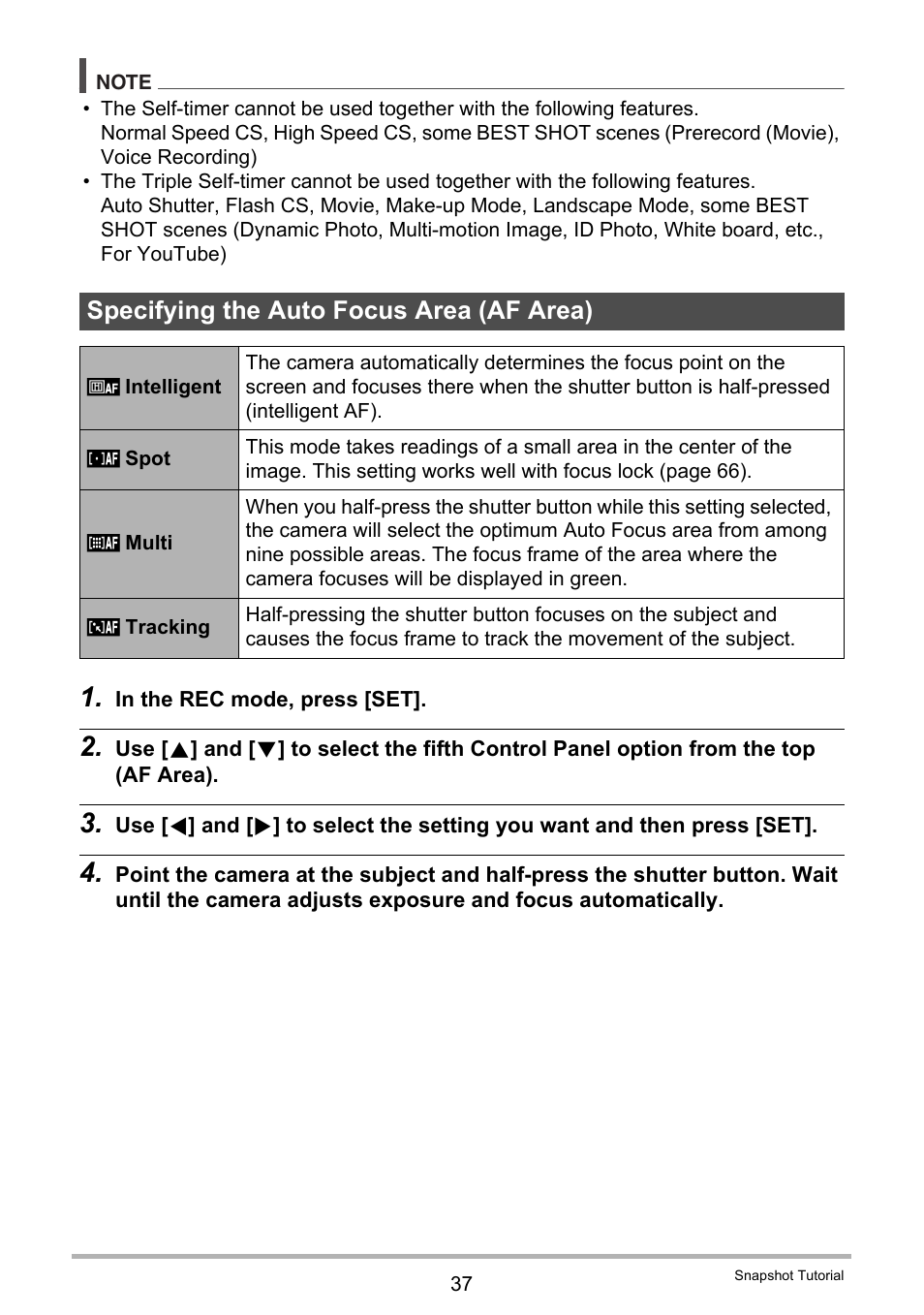 Specifying the auto focus area (af area) | Casio EXILIM EX-Z25 User Manual | Page 37 / 193