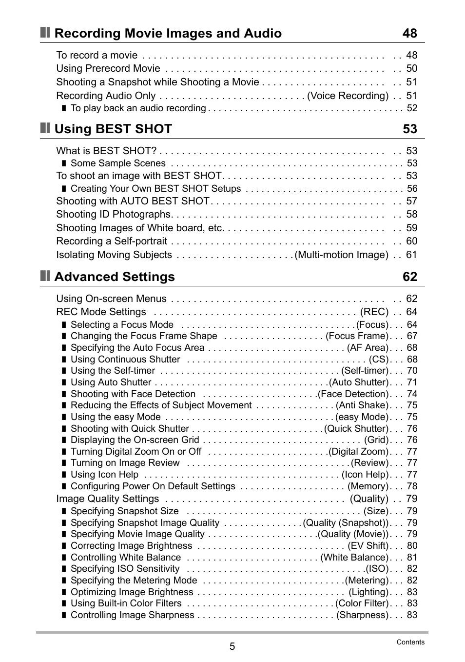 Recording movie images and audio 48, Using best shot 53, Advanced settings 62 | Casio EXILIM EX-Z25 User Manual | Page 5 / 193