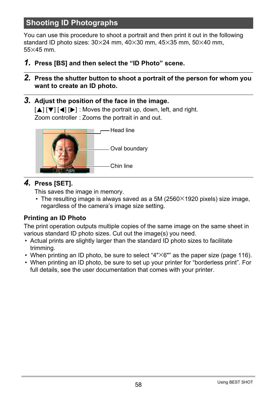 Shooting id photographs | Casio EXILIM EX-Z25 User Manual | Page 58 / 193