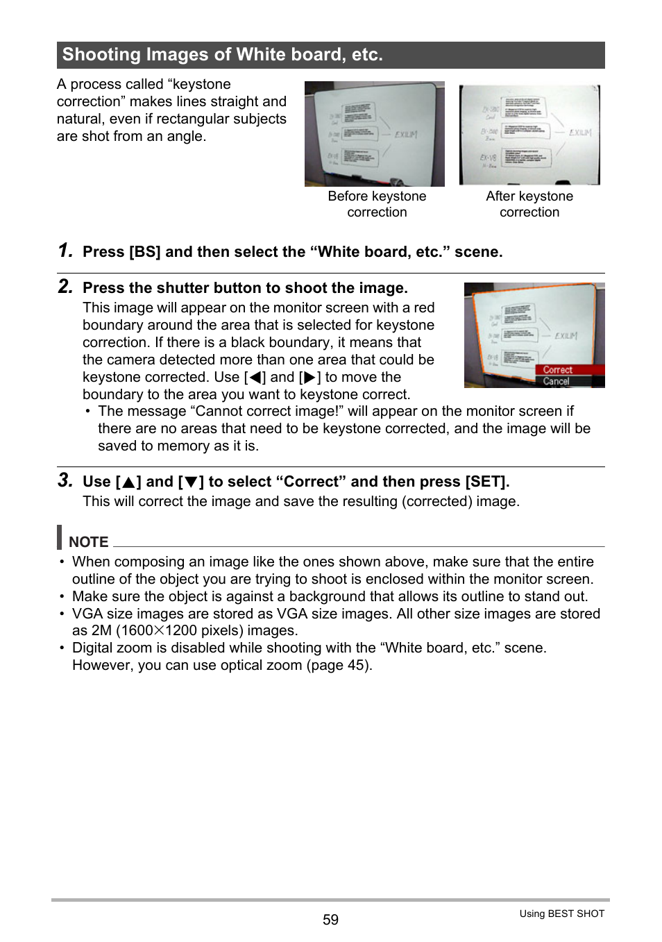 Shooting images of white board, etc | Casio EXILIM EX-Z25 User Manual | Page 59 / 193