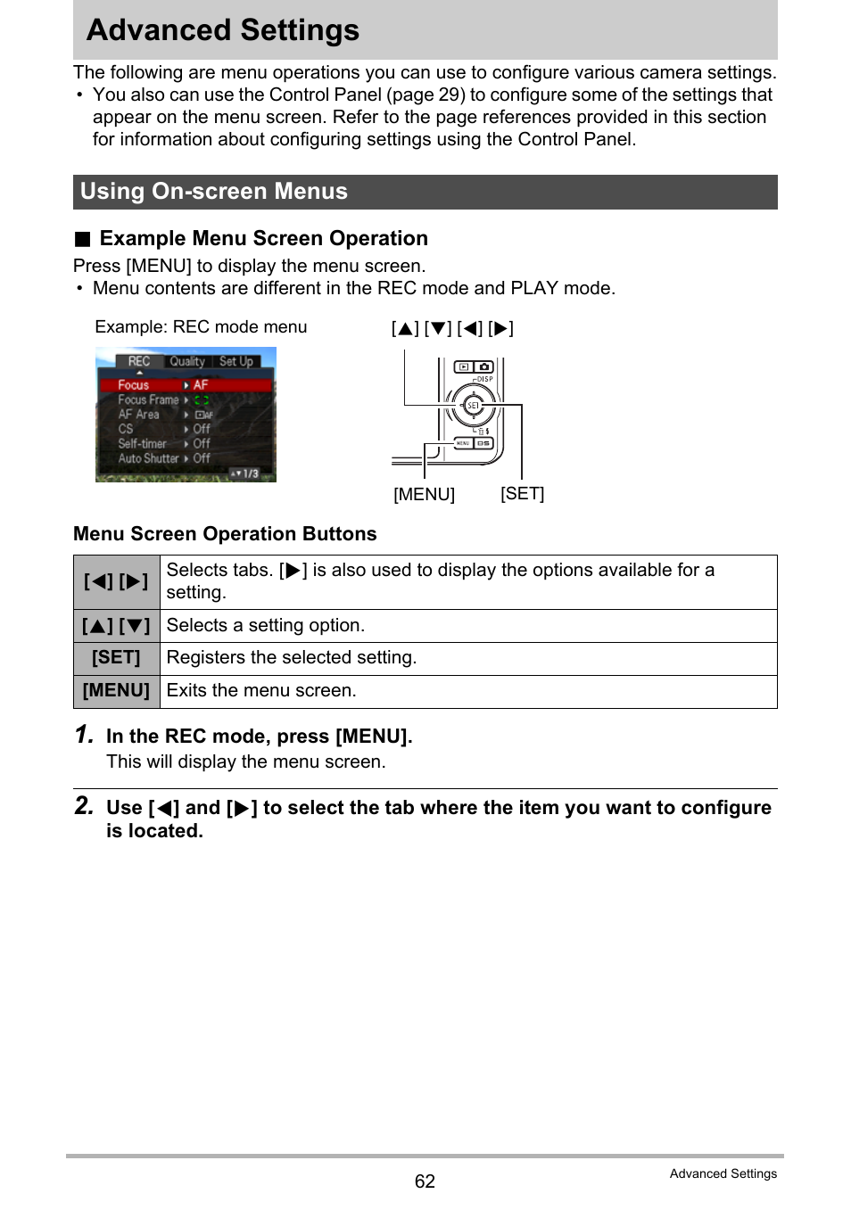 Advanced settings, Using on-screen menus | Casio EXILIM EX-Z25 User Manual | Page 62 / 193