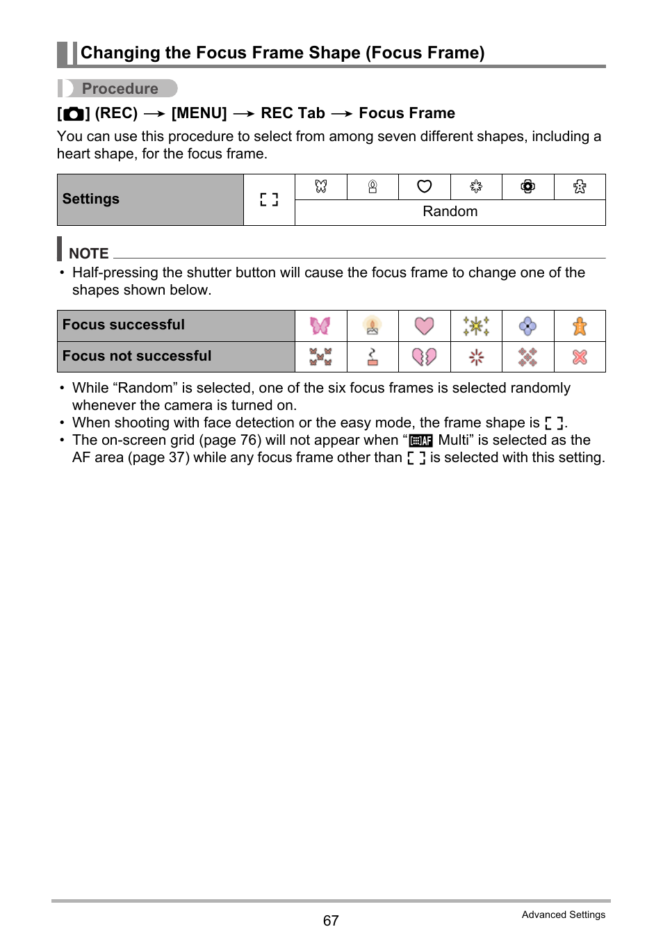 Changing the focus frame shape (focus frame) | Casio EXILIM EX-Z25 User Manual | Page 67 / 193