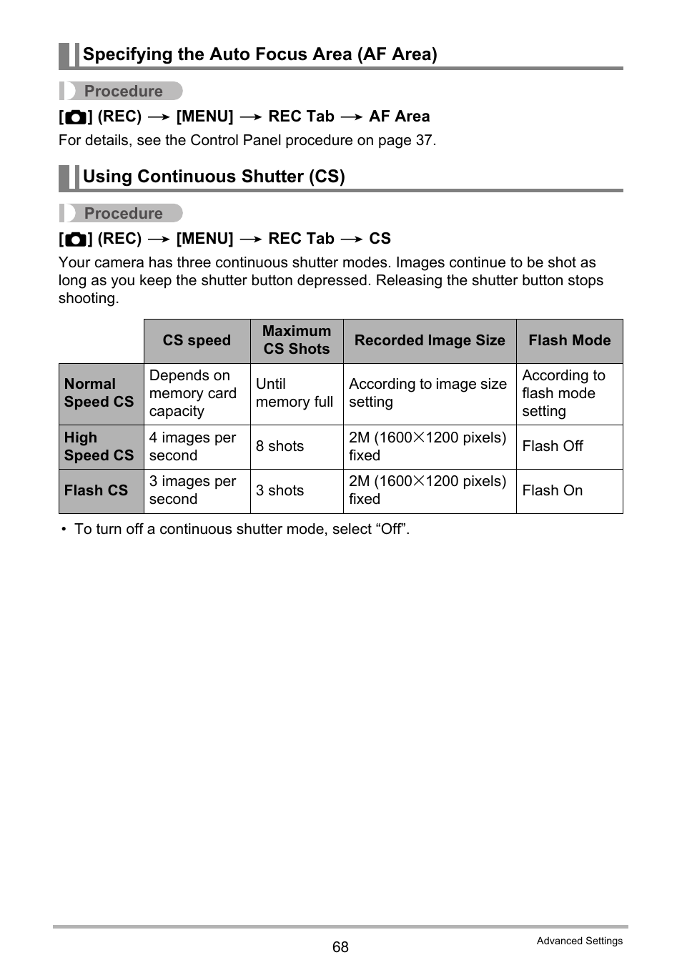 Specifying the auto focus area (af area), Using continuous shutter (cs) | Casio EXILIM EX-Z25 User Manual | Page 68 / 193