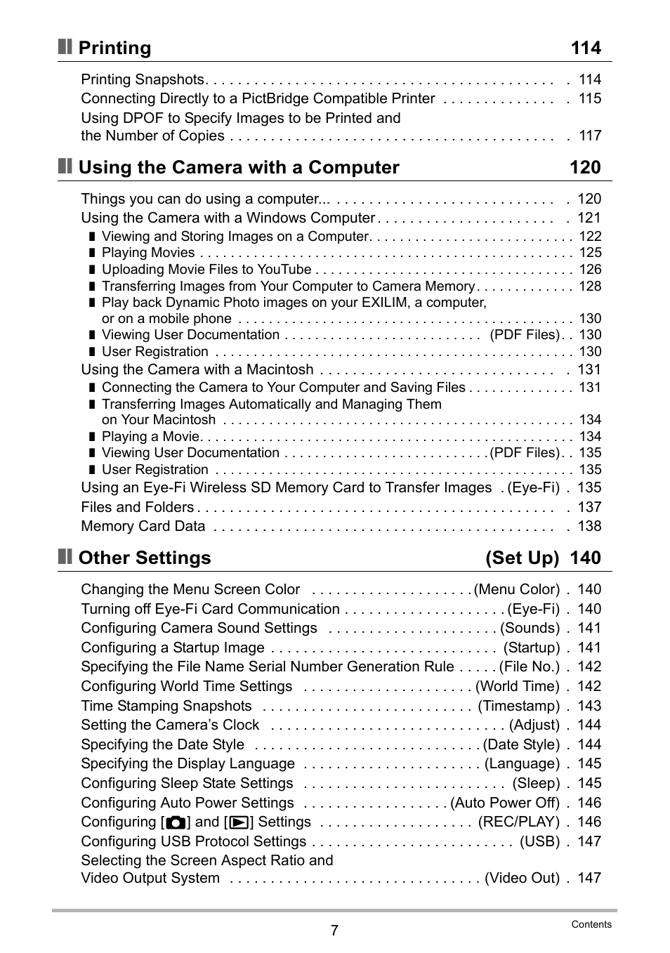 Printing 114, Using the camera with a computer 120, Other settings (set up) 140 | Casio EXILIM EX-Z25 User Manual | Page 7 / 193