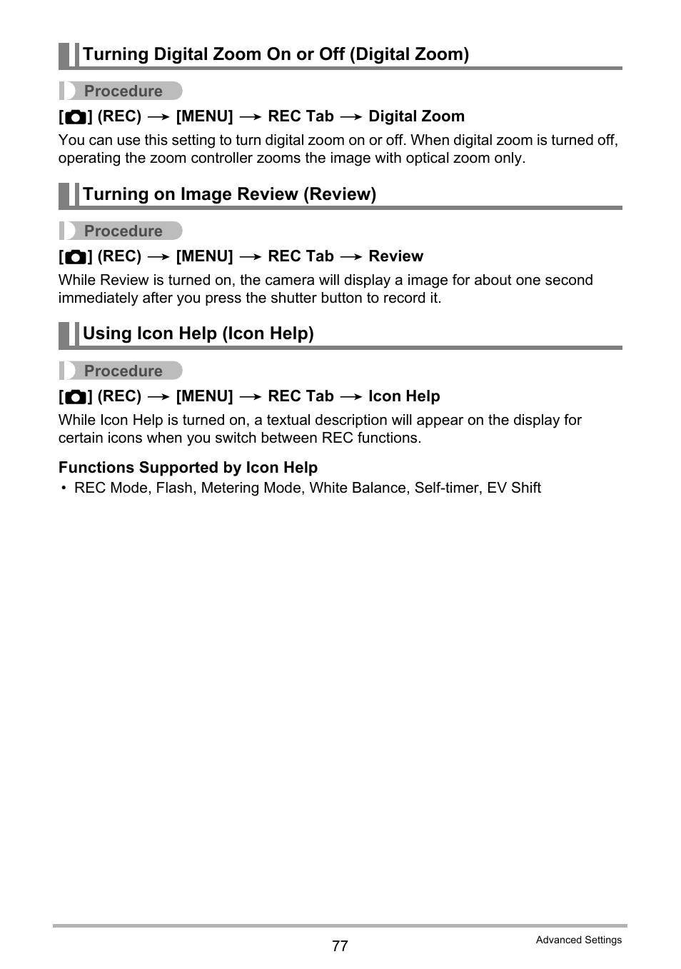 Turning digital zoom on or off (digital zoom), Turning on image review (review), Using icon help (icon help) | Casio EXILIM EX-Z25 User Manual | Page 77 / 193