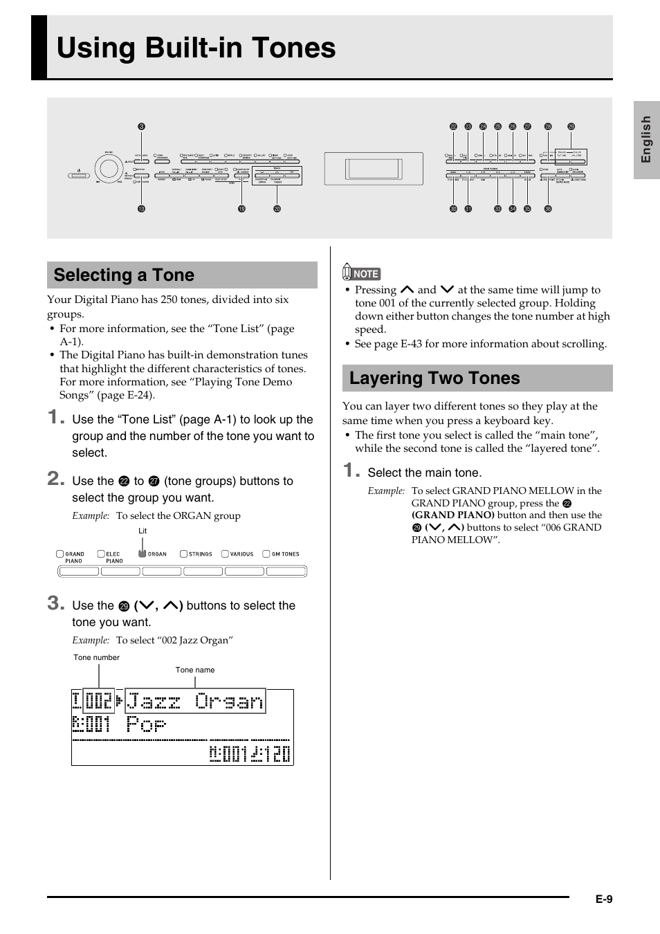 Using built-in tones, Selecting a tone, Layering two tones | Casio PX350-ES-1A User Manual | Page 11 / 79