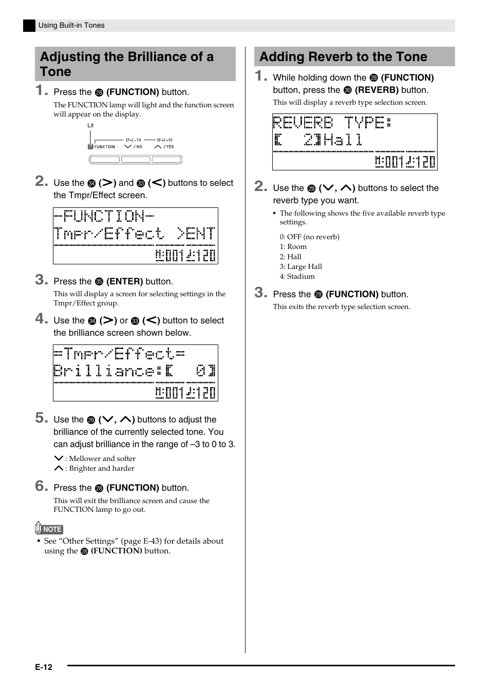 Adjusting the brilliance of a tone, Adding reverb to the tone | Casio PX350-ES-1A User Manual | Page 14 / 79