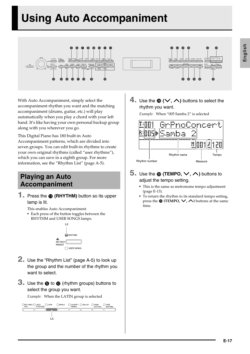 Using auto accompaniment, Playing an auto accompaniment | Casio PX350-ES-1A User Manual | Page 19 / 79