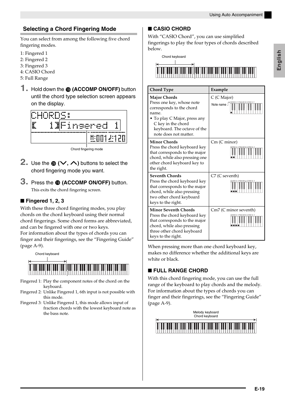 Selecting a chord fingering mode, English, Hold down the | Use the, Press the, Accomp on/off) button, Fingered 1, 2, 3, Casio chord, Full range chord, E-19 | Casio PX350-ES-1A User Manual | Page 21 / 79